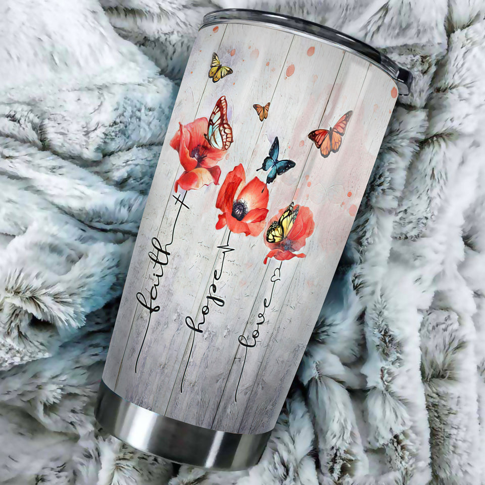 Camellia Personalized Butterfly Faith Hope Love White Stainless Steel Tumbler-Double-Walled Travel Therma Cup With Lid 02