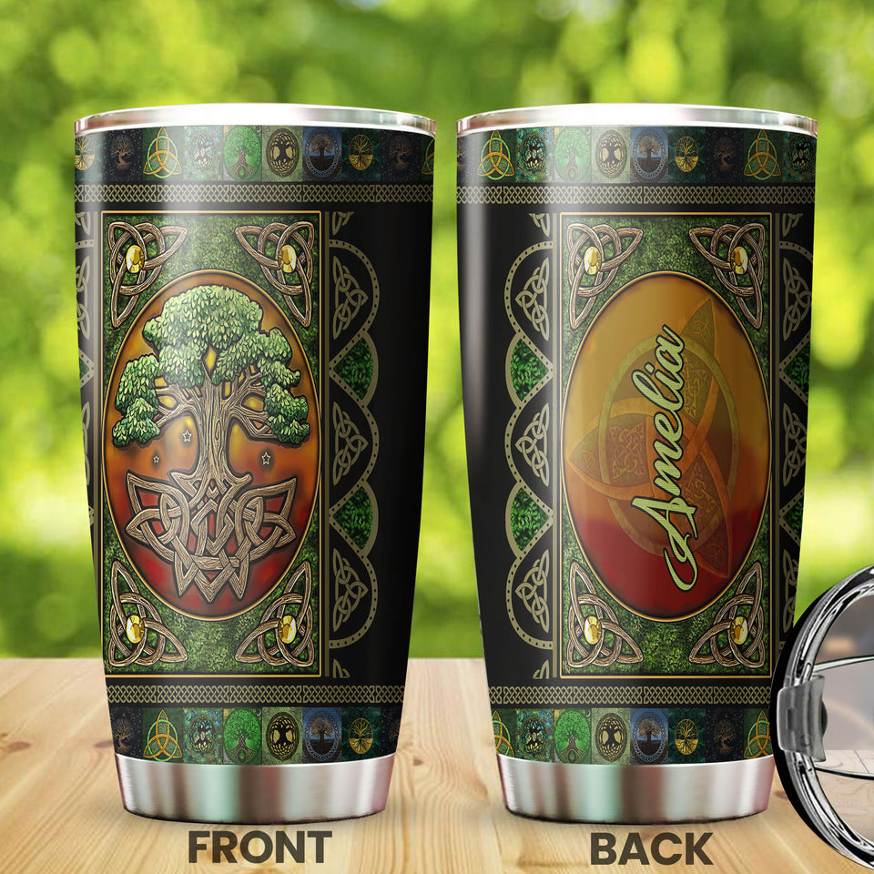 Camellia Personalized Tree Celtic Art Stainless Steel Tumbler - Customized Double-Walled Insulation Travel Thermal Cup With Lid