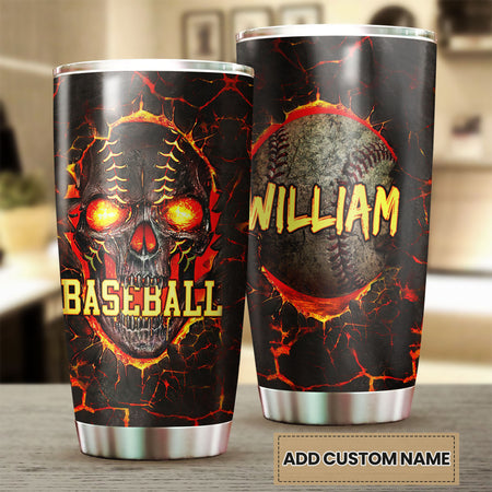 Camellia Persionalized Baseball Skull Stainless Steel Tumbler - Customized Double - Walled Insulation Travel Thermal Cup With Lid Gift For Baseball Lover