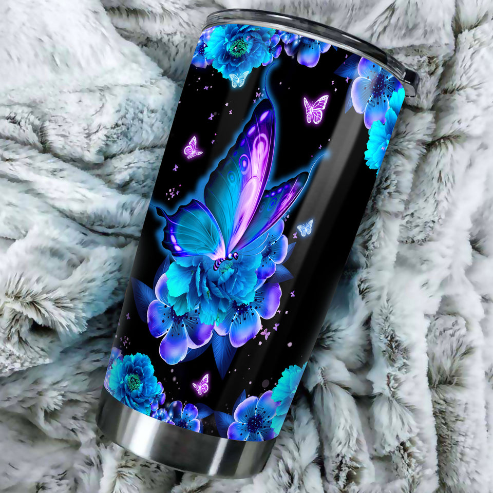 Camellia Personalized Butterfly Blue Flower Stainless Steel Tumbler - Double-Walled Insulation Vacumm Flask - For Thanksgiving, Memorial Day, Christians, Christmas Gift