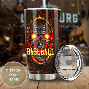 Camellia Persionalized Baseball Skull Stainless Steel Tumbler - Customized Double - Walled Insulation Travel Thermal Cup With Lid Gift For Baseball Lover