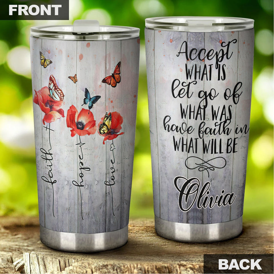 Camellia Personalized Butterfly Faith Hope Love White Stainless Steel Tumbler-Double-Walled Travel Therma Cup With Lid 02