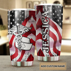 Camellia Personalized American Flag Nurse Stainless Steel Tumbler - Double-Walled Insulation Vacumm Flask - Gift For Nurse, Christmas Gift, International Nurses Day