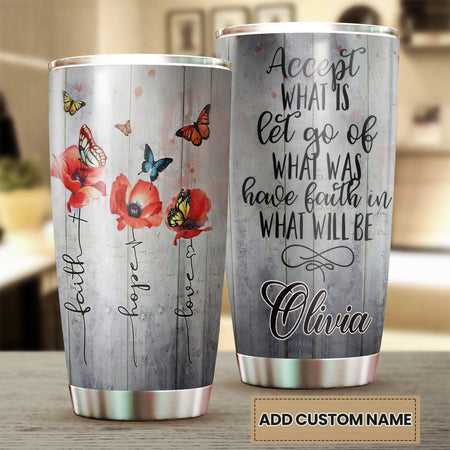 Camellia Personalized Butterfly Faith Hope Love White Stainless Steel Tumbler-Double-Walled Travel Therma Cup With Lid 02