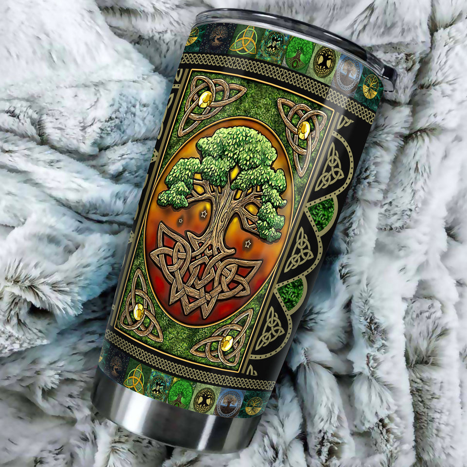 Camellia Personalized Tree Celtic Art Stainless Steel Tumbler - Customized Double-Walled Insulation Travel Thermal Cup With Lid