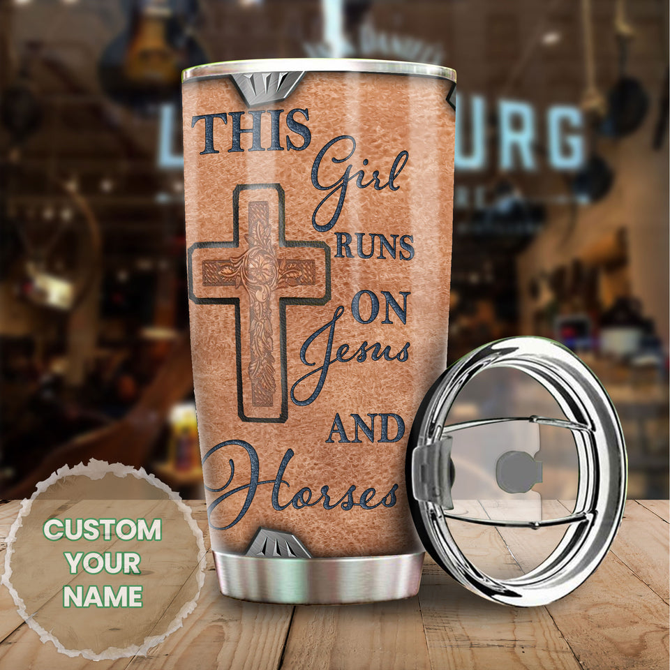 Camellia Personalized Horse This Girl Runs On Jesus And Horse Stainless Steel Tumbler - Double-Walled Insulation Vacumm Flask - Gift For Horse Lovers, Cowgirls, Cowboys, Christmas, Thanksgiving