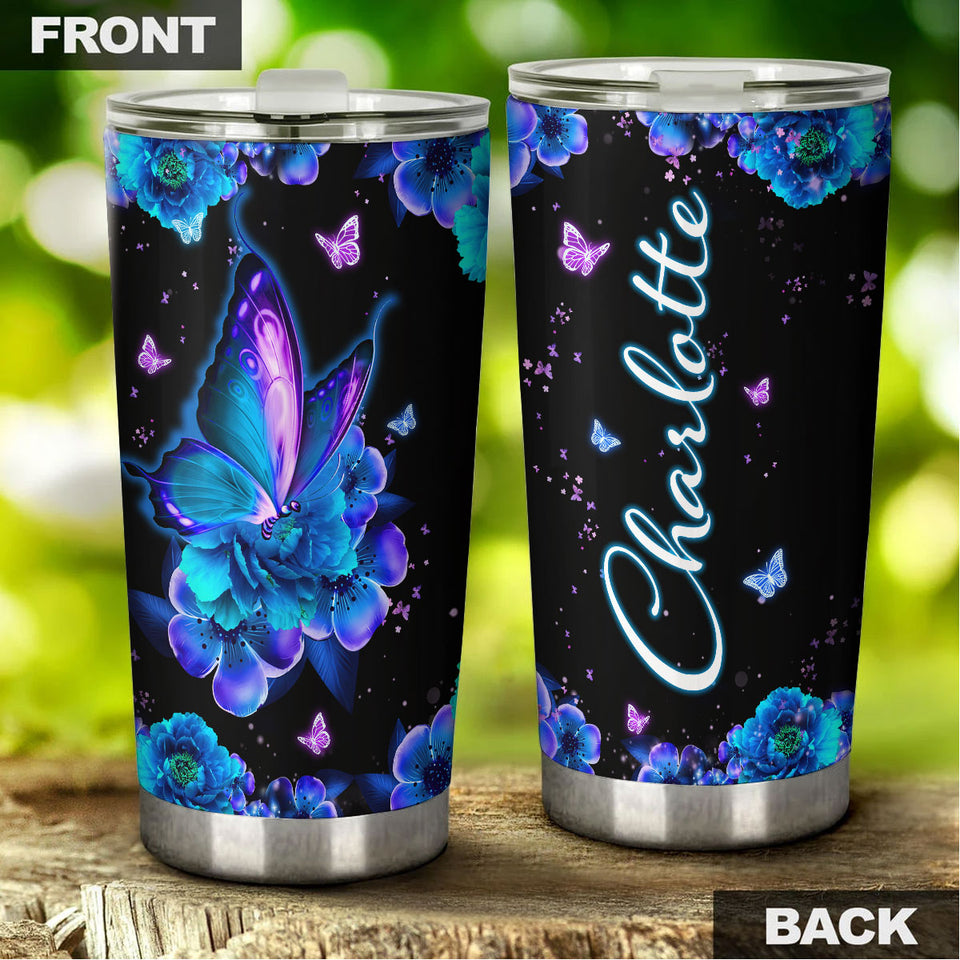 Camellia Personalized Butterfly Blue Flower Stainless Steel Tumbler - Double-Walled Insulation Vacumm Flask - For Thanksgiving, Memorial Day, Christians, Christmas Gift