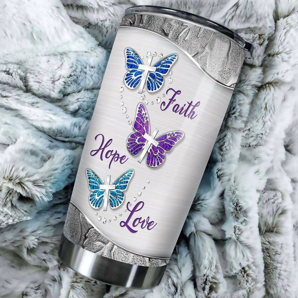 Camellia Personalized Butterfly Silver Faith Hope Love Cross Stainless Steel Tumbler - Double-Walled Insulation Vacumm Flask - For Thanksgiving, Memorial Day, Christians, Christmas Gift