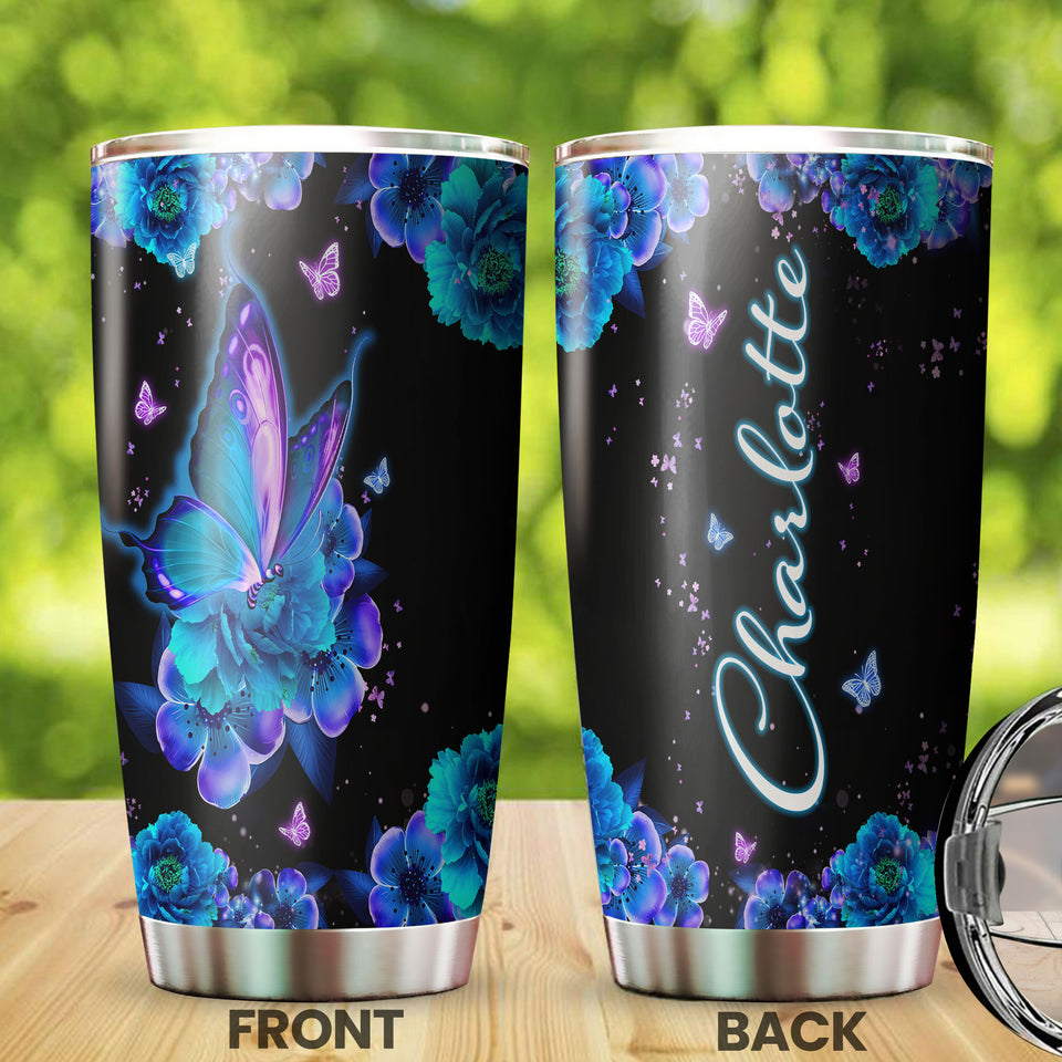 Camellia Personalized Butterfly Blue Flower Stainless Steel Tumbler - Double-Walled Insulation Vacumm Flask - For Thanksgiving, Memorial Day, Christians, Christmas Gift