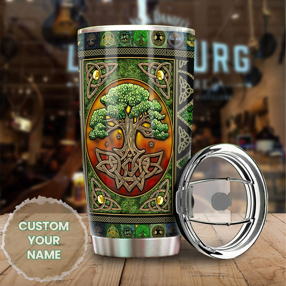 Camellia Personalized Tree Celtic Art Stainless Steel Tumbler - Customized Double-Walled Insulation Travel Thermal Cup With Lid