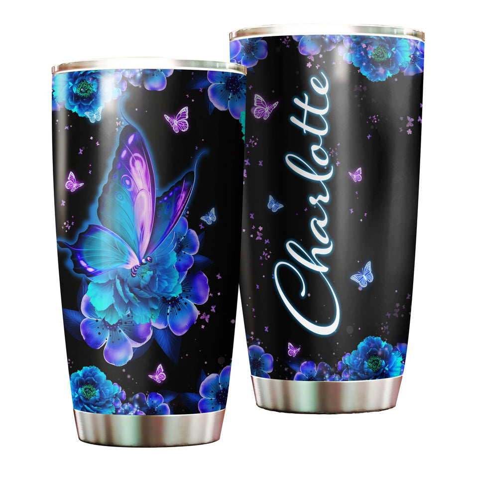 Camellia Personalized Butterfly Blue Flower Stainless Steel Tumbler - Double-Walled Insulation Vacumm Flask - For Thanksgiving, Memorial Day, Christians, Christmas Gift