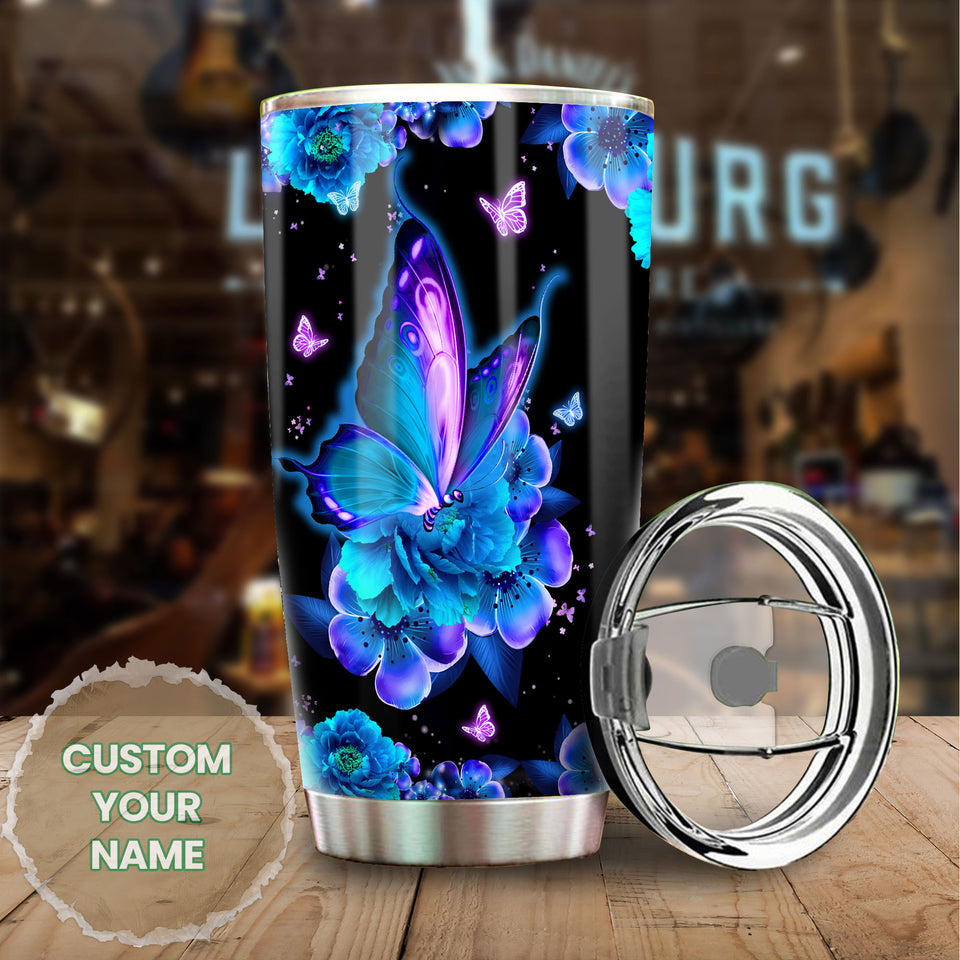 Camellia Personalized Butterfly Blue Flower Stainless Steel Tumbler - Double-Walled Insulation Vacumm Flask - For Thanksgiving, Memorial Day, Christians, Christmas Gift
