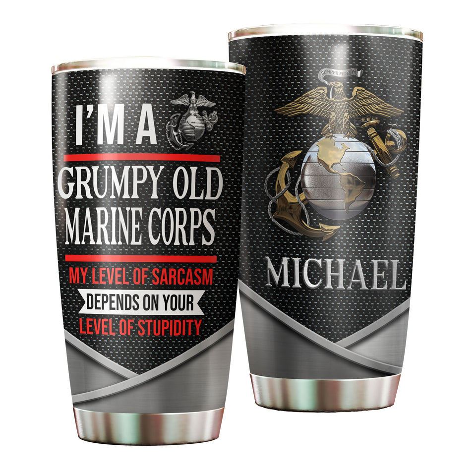 Camellia Personalized Im A Grumpy Old Marine Corps Stainless Steel Tumbler - Customized Double-Walled Insulation Travel Thermal Cup With Lid