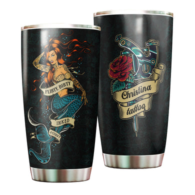 Camellia Persionalized Inked Mermaid Stainless Steel Tumbler - Customized Double - Walled Insulation Travel Thermal Cup With Lid Gift For Tattooist