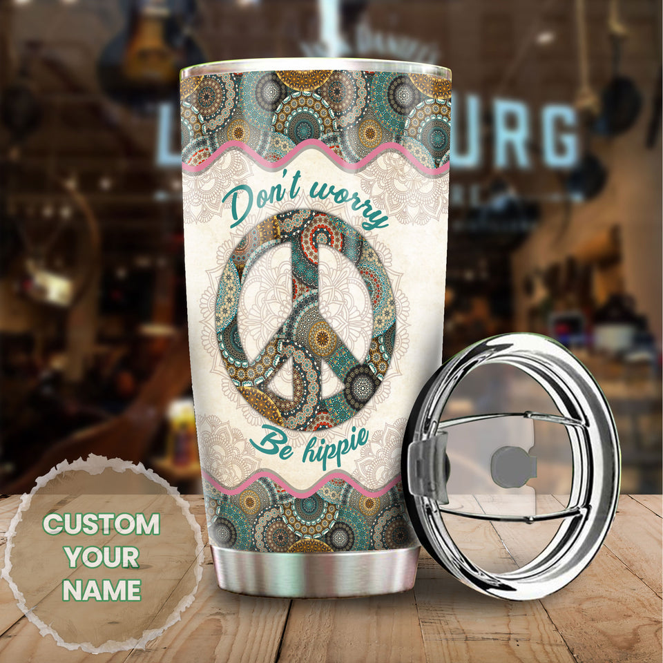Camellia Personalized Don't worry Be Hippie Mandala Style Stainless Steel Tumbler-Sweat-Proof Double Wall Travel Cup With Lid