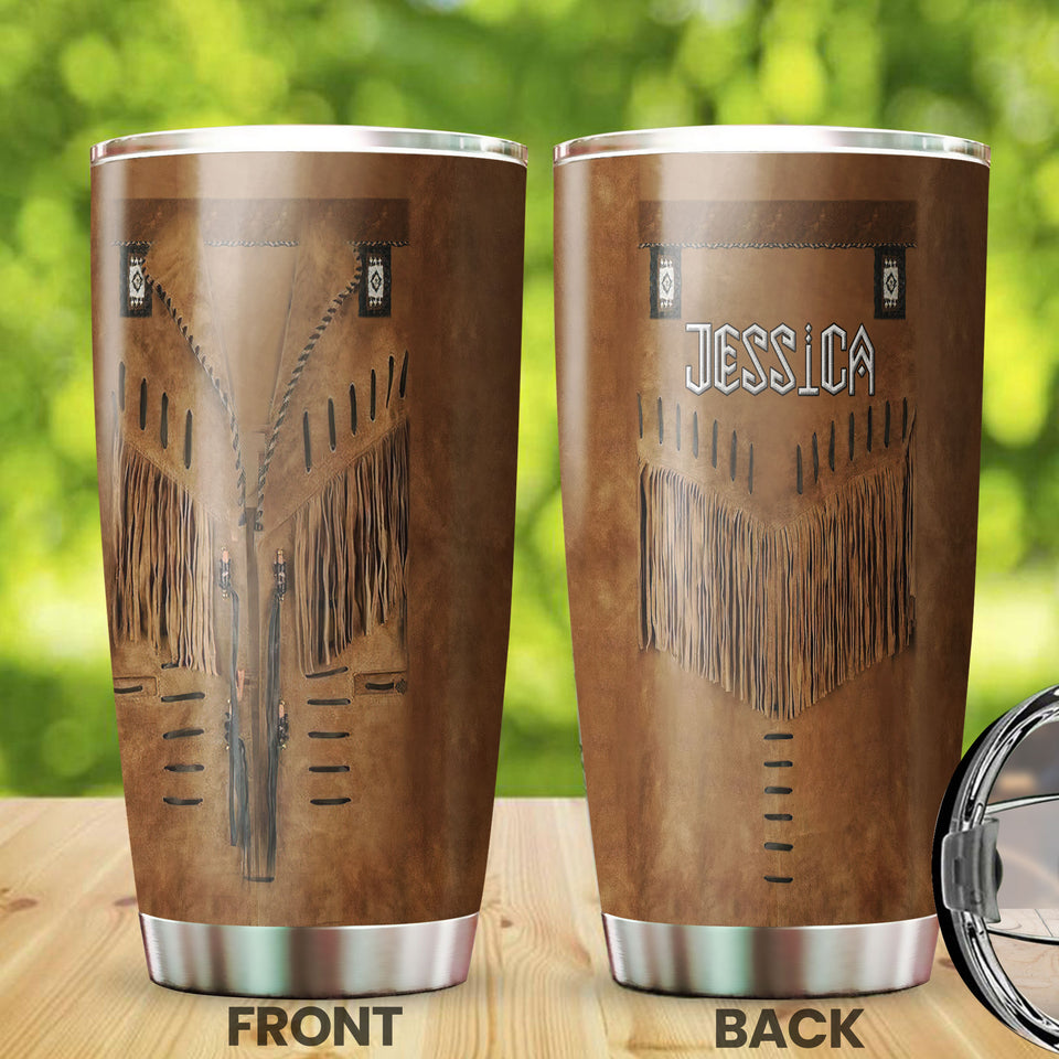 Camellia Personalized Native American Outfit Leather Style Stainless Steel Tumbler-Double-Walled Insulation Travel Cup With Lid