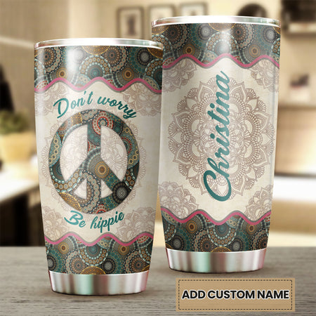 Camellia Personalized Don't worry Be Hippie Mandala Style Stainless Steel Tumbler-Sweat-Proof Double Wall Travel Cup With Lid