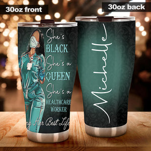 Camellia Personalized Black Nurse Queen Stainless Steel Tumbler - Double-Walled Insulation Vacumm Flask - Gift For Black Queen, International Women's Day, Nurse's Day