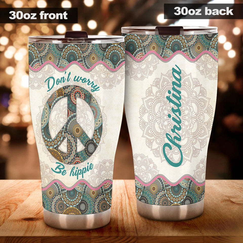 Camellia Personalized Don't worry Be Hippie Mandala Style Stainless Steel Tumbler-Sweat-Proof Double Wall Travel Cup With Lid