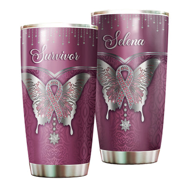 Camellia Personalized Breast Cancer Butterfly Jewelry Style Stainless Steel Tumbler - Double-Walled Insulation Vacumm Flask - Gift For Breast Cancer Awareness Month