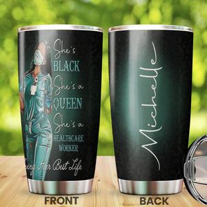 Camellia Personalized Black Nurse Queen Stainless Steel Tumbler - Double-Walled Insulation Vacumm Flask - Gift For Black Queen, International Women's Day, Nurse's Day