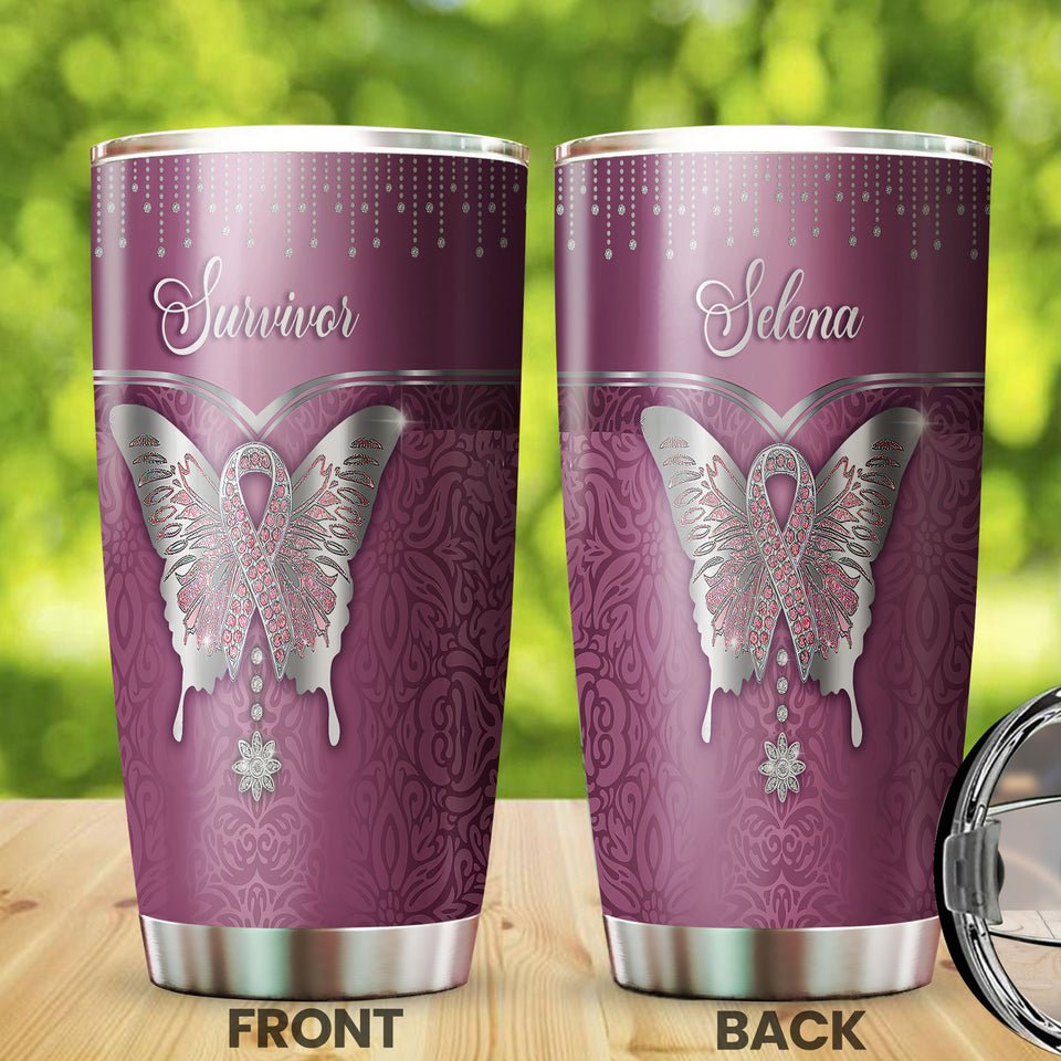 Camellia Personalized Breast Cancer Butterfly Jewelry Style Stainless Steel Tumbler - Double-Walled Insulation Vacumm Flask - Gift For Breast Cancer Awareness Month