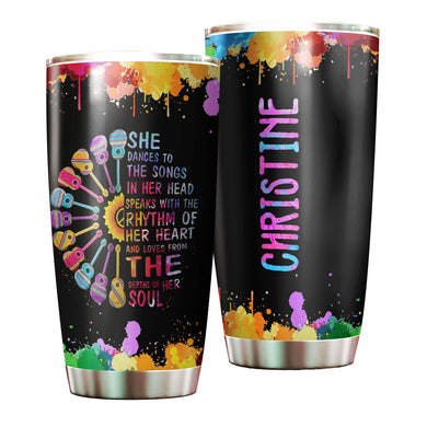 Camellia Personalized Hippie Girl She Dances To Her Songs In Her Head Stainless Steel Tumbler-Double-Walled Insulation Travel Cup With Lid Gift For Female Dancer