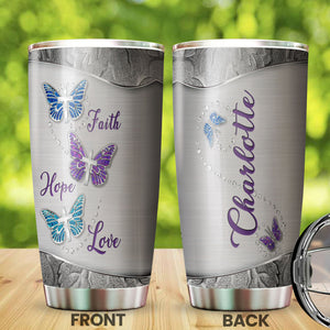 Camellia Personalized Butterfly Silver Faith Hope Love Cross Stainless Steel Tumbler - Double-Walled Insulation Vacumm Flask - For Thanksgiving, Memorial Day, Christians, Christmas Gift