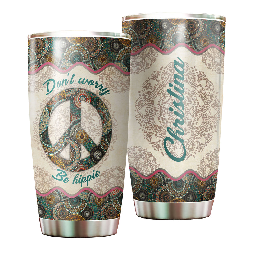 Camellia Personalized Don't worry Be Hippie Mandala Style Stainless Steel Tumbler-Sweat-Proof Double Wall Travel Cup With Lid