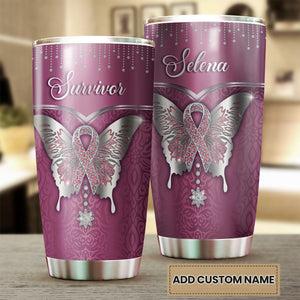 Camellia Personalized Breast Cancer Butterfly Jewelry Style Stainless Steel Tumbler - Double-Walled Insulation Vacumm Flask - Gift For Breast Cancer Awareness Month