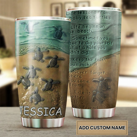 Camellia Personalized Baby Turtle Life Lesson Stainless Steel Tumbler - Double-Walled Insulation Vacumm Flask - Gift For Art Marine Life Researchers, Turtle Fans