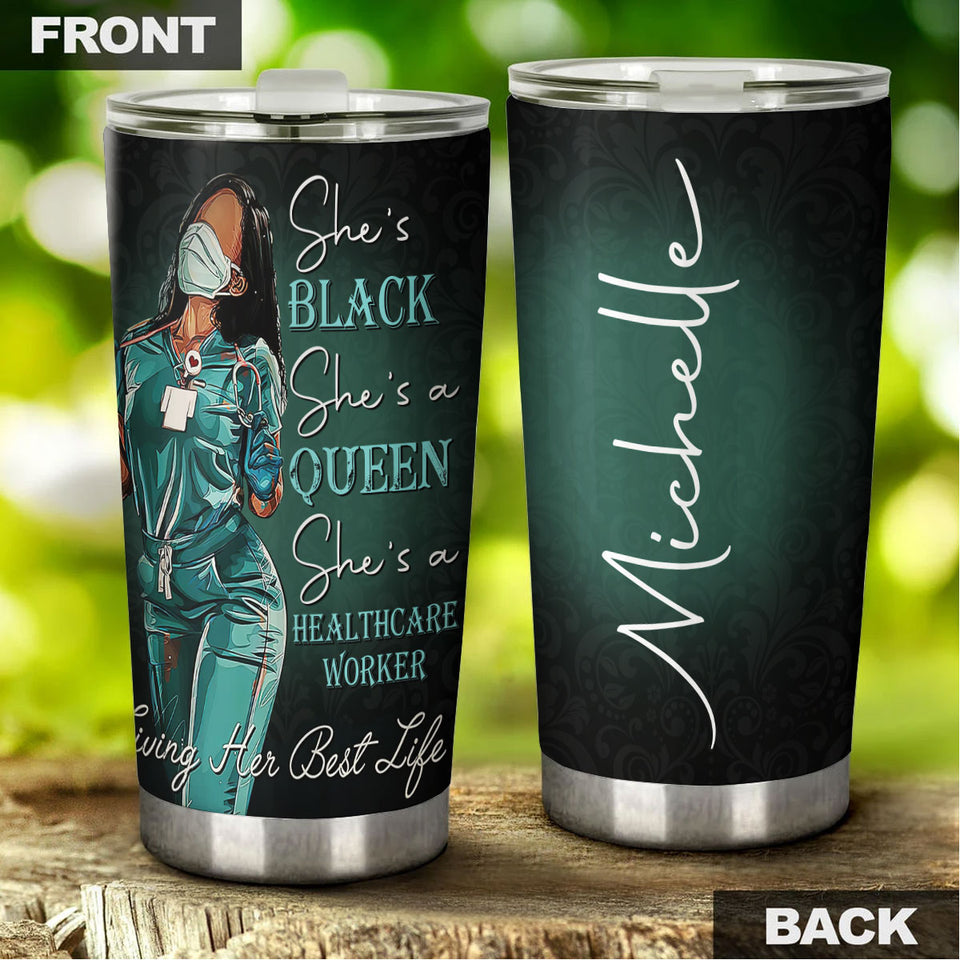 Camellia Personalized Black Nurse Queen Stainless Steel Tumbler - Double-Walled Insulation Vacumm Flask - Gift For Black Queen, International Women's Day, Nurse's Day