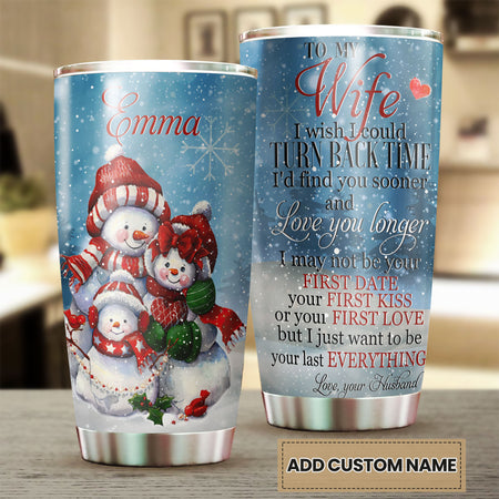 Camellia Personalized Christmas Snowman To My Wife Stainless Steel Tumbler - Customized Double-Walled Insulation Travel Thermal Cup With Lid Gift For Soulmate Wife