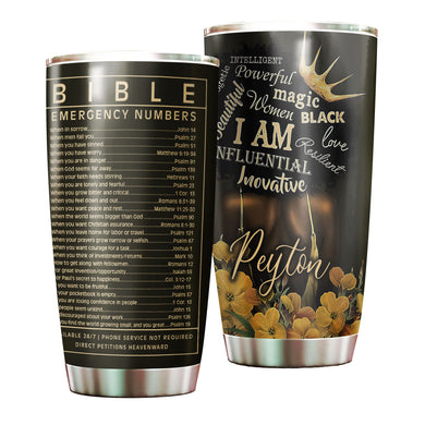 Camellia Personalized Black Woman Bible Emergency Numbers Stainless Steel Tumbler - Double-Walled Insulation Vacumm Flask - Gift For Black Queen, International Women's Day, Hippie Girls