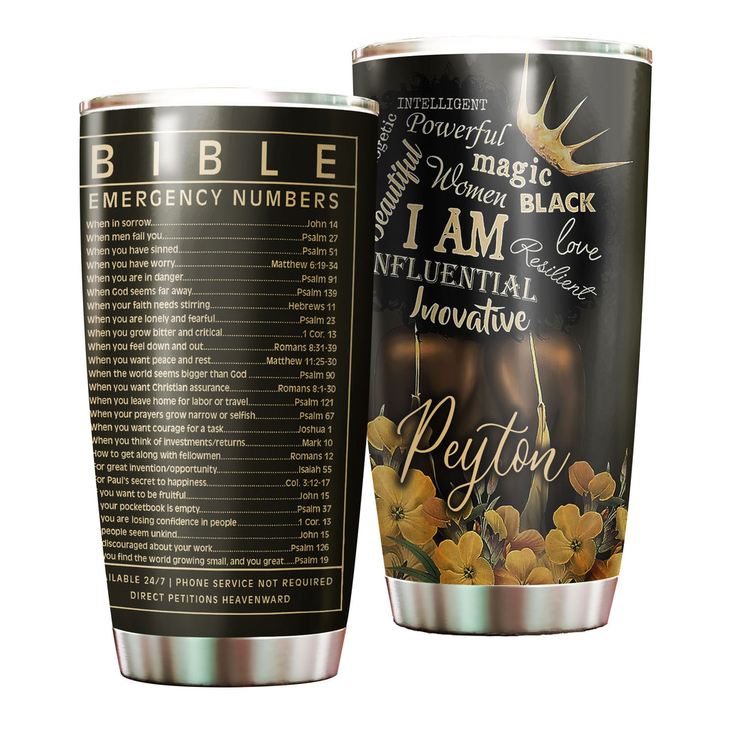 Camellia Personalized Black Woman Bible Emergency Numbers Stainless Steel Tumbler - Double-Walled Insulation Vacumm Flask - Gift For Black Queen, International Women's Day, Hippie Girls
