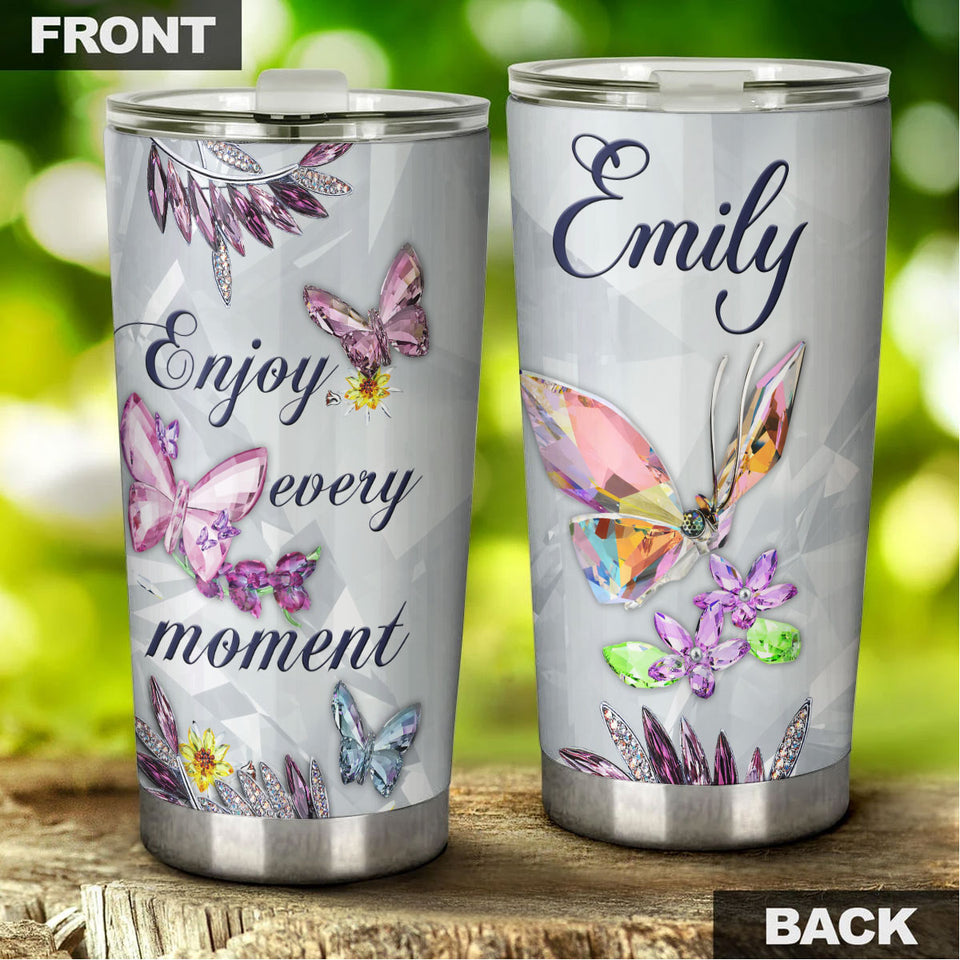 Camellia Personalized Butterfly Crystal Style Enjoy Every Moment Stainless Steel Tumbler - Double-Walled Insulation Vacumm Flask - For Thanksgiving, Memorial Day, Christians, Christmas Gift