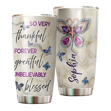 Camellia Personalized Butterfly Jewelry Style  Forever Grateful Stainless Steel Tumbler - Double-Walled Insulation Vacumm Flask - For Thanksgiving, Memorial Day, Christians, Christmas Gift