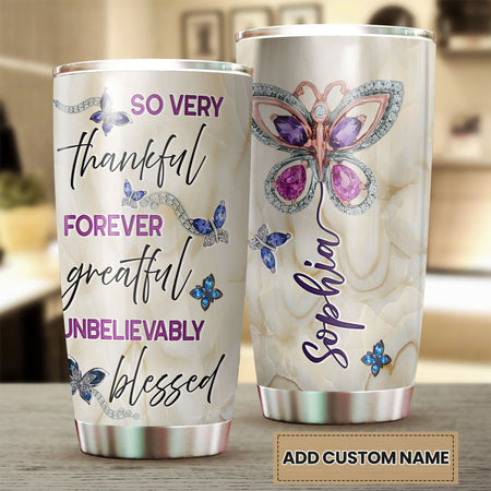 Camellia Personalized Butterfly Jewelry Style  Forever Grateful Stainless Steel Tumbler - Double-Walled Insulation Vacumm Flask - For Thanksgiving, Memorial Day, Christians, Christmas Gift