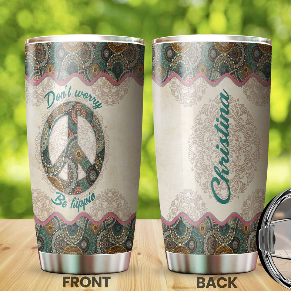 Camellia Personalized Don't worry Be Hippie Mandala Style Stainless Steel Tumbler-Sweat-Proof Double Wall Travel Cup With Lid