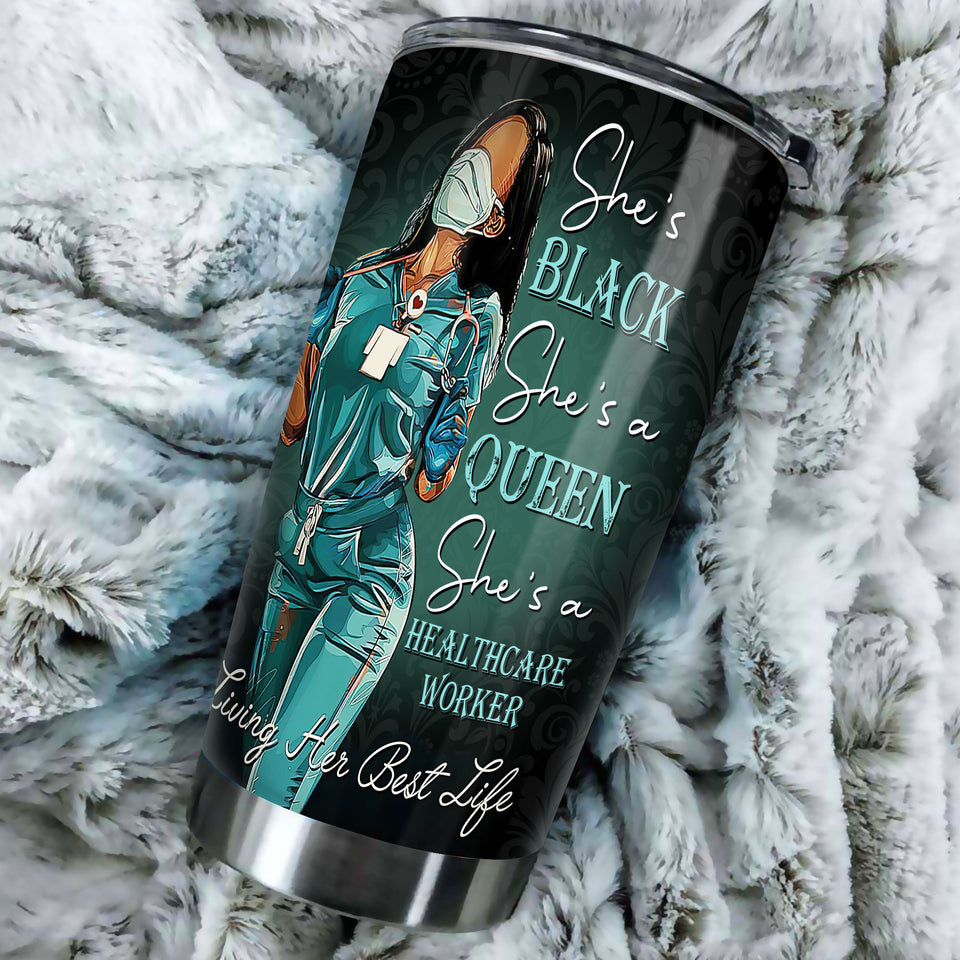 Camellia Personalized Black Nurse Living Her Best Life Stainless Steel Tumbler - Double-Walled Insulation Vacumm Flask - Gift For Black Queen, International Women's Day, Nurse's Day