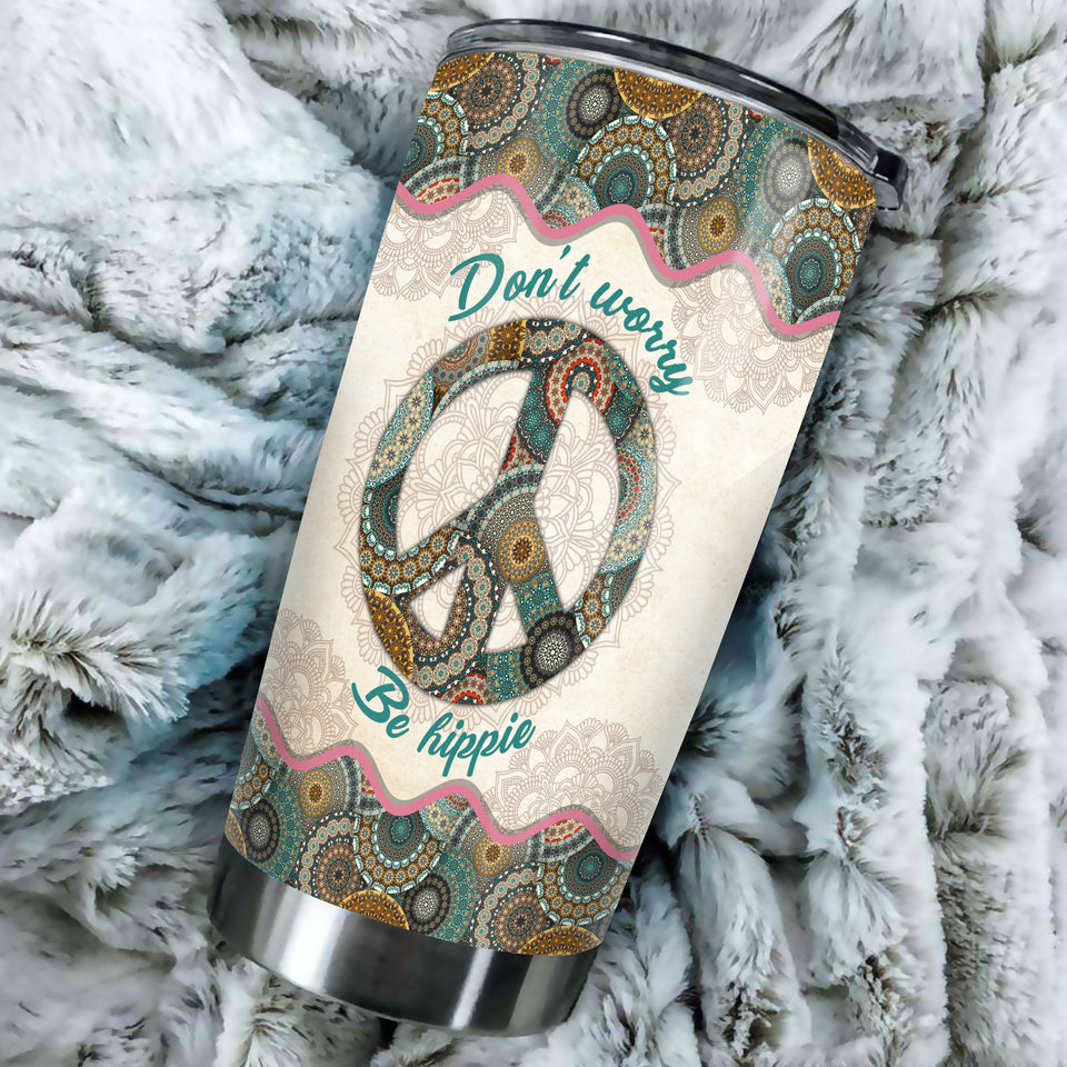 Camellia Personalized Don't worry Be Hippie Mandala Style Stainless Steel Tumbler-Sweat-Proof Double Wall Travel Cup With Lid