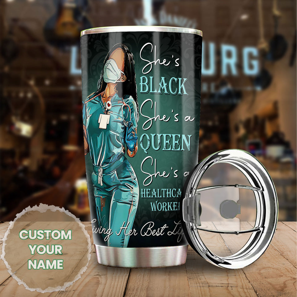Camellia Personalized Black Nurse Living Her Best Life Stainless Steel Tumbler - Double-Walled Insulation Vacumm Flask - Gift For Black Queen, International Women's Day, Nurse's Day