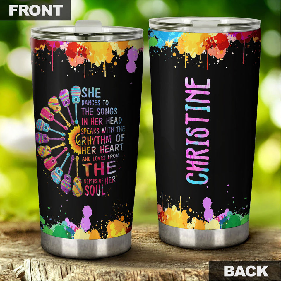Camellia Personalized Hippie Girl She Dances To Her Songs In Her Head Stainless Steel Tumbler-Double-Walled Insulation Travel Cup With Lid Gift For Female Dancer