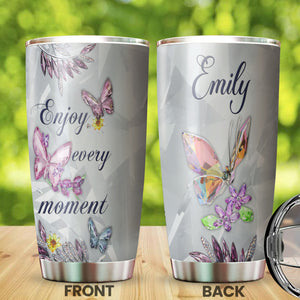 Camellia Personalized Butterfly Crystal Style Enjoy Every Moment Stainless Steel Tumbler - Double-Walled Insulation Vacumm Flask - For Thanksgiving, Memorial Day, Christians, Christmas Gift