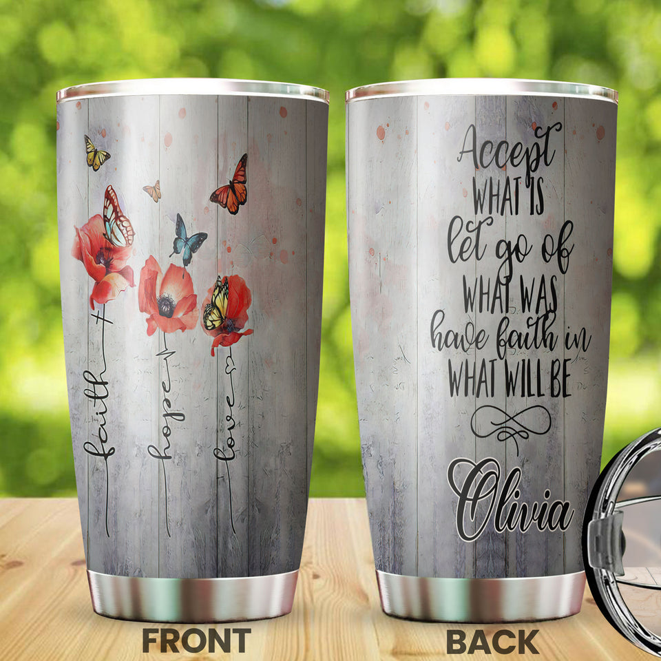 Camellia Personalized Butterfly Faith Hope Love White Stainless Steel Tumbler-Double-Walled Travel Therma Cup With Lid 02