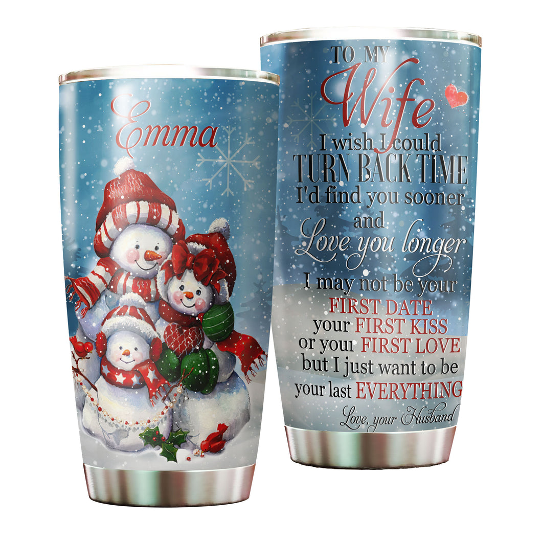 Camellia Personalized Christmas Snowman To My Wife Stainless Steel Tumbler - Customized Double-Walled Insulation Travel Thermal Cup With Lid Gift For Soulmate Wife
