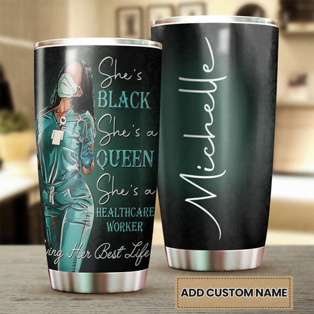 Camellia Personalized Black Nurse Queen Stainless Steel Tumbler - Double-Walled Insulation Vacumm Flask - Gift For Black Queen, International Women's Day, Nurse's Day