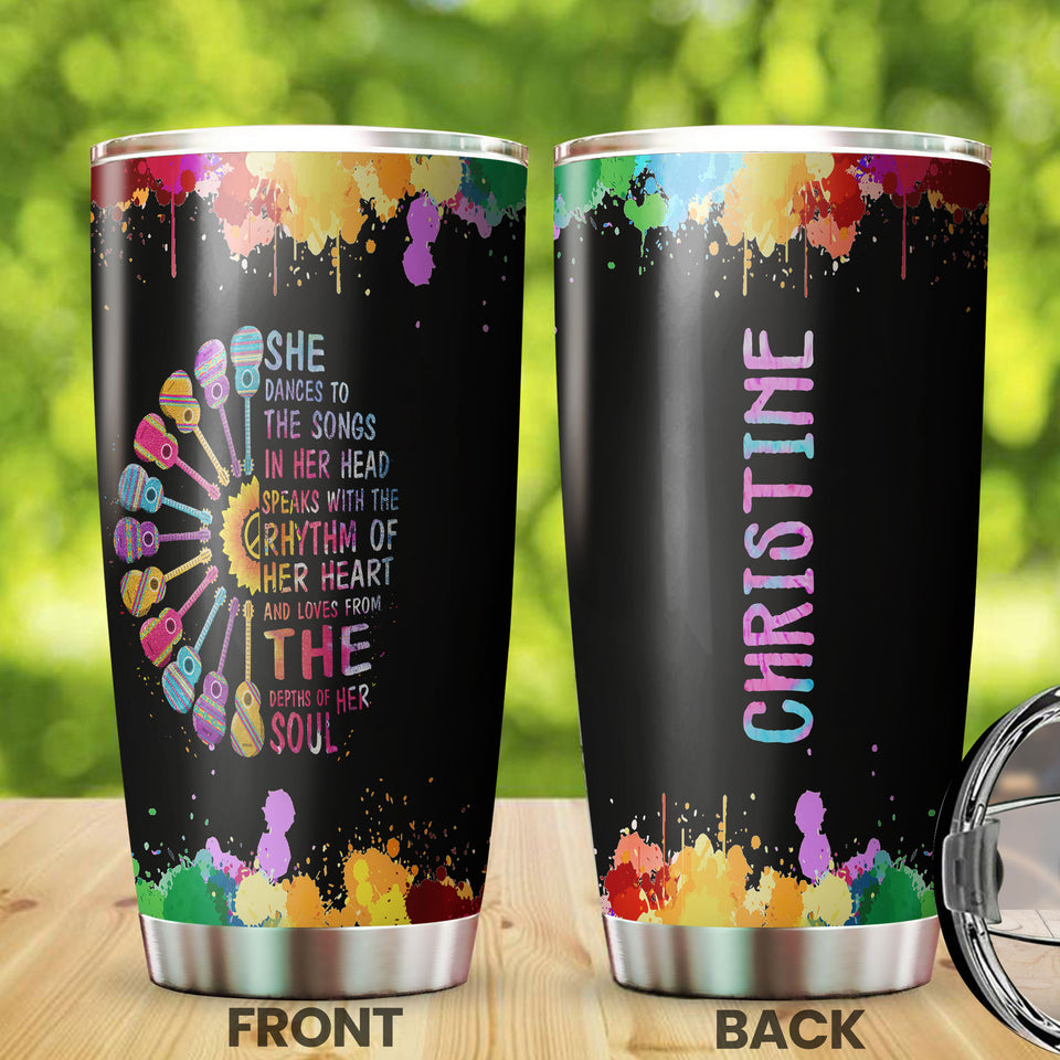Camellia Personalized Hippie Girl She Dances To Her Songs In Her Head Stainless Steel Tumbler-Double-Walled Insulation Travel Cup With Lid Gift For Female Dancer