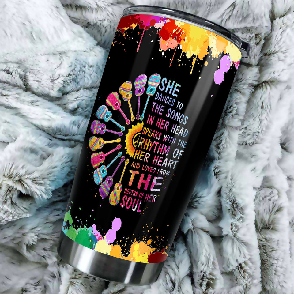 Camellia Personalized Hippie Girl She Dances To Her Songs In Her Head Stainless Steel Tumbler-Double-Walled Insulation Travel Cup With Lid Gift For Female Dancer