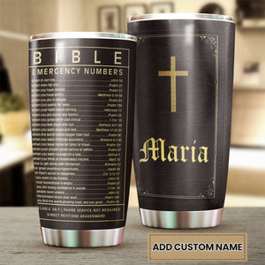 Camellia Personalized Bible Emergency Numbers Stainless Steel Tumbler - Customized Double-Walled Insulation Travel Thermal Cup With Lid Gift For Christian